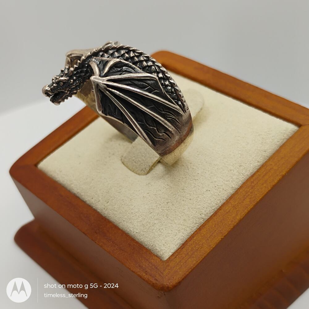 Gothic Winged Dragon in Sterling Silver Ring Size 12.75